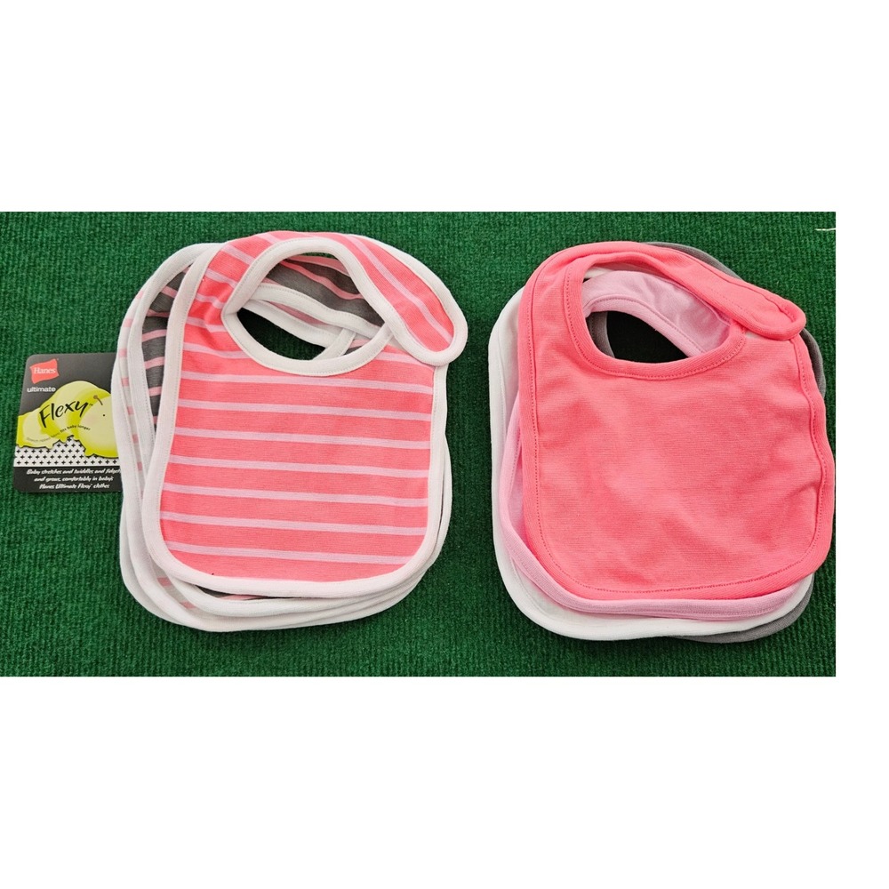 Hanes Ultimate Flexy Baby Bibs 8 Pack Pink Stripe Gray White Soft Cotton Blend
